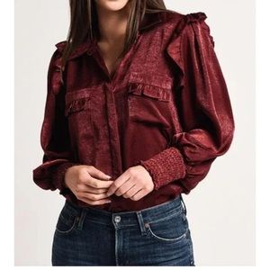 MISA Los Angeles Donata Burgundy Satin Ruffle Shoulder Smocked Cuff Top